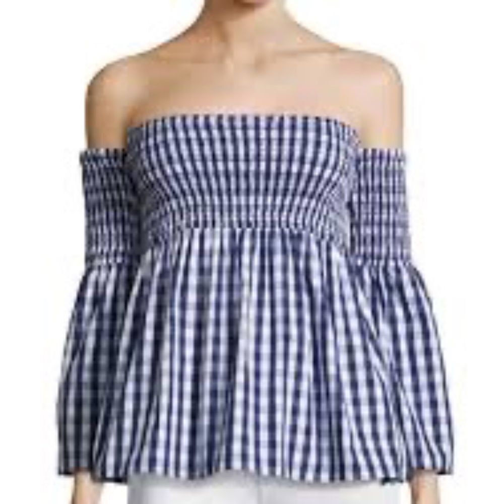 Milly New York Jodi NWOT Navy/White Gingham Plaid Off Shoulder Top Sz M